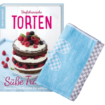 Buch „Verführerische Torten“ und Geschirrtuch	