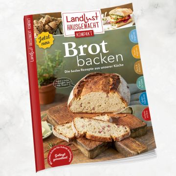 Kochbuch "Landlust Hausgemacht Kompakt: Brot backen" mit Rezepten, Abbildung eines angeschnittenen Laibs Brot auf Holzbrett, gelber "Jetzt neu"-Sticker, roter Rand, Kategorienangaben und Schritt-für-Schritt-Anleitungen auf Cover sichtbar.